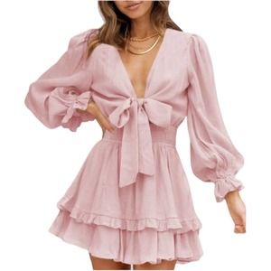 Knotted Tiered Ruffle Chiffon Blush Pink  Mini Dress